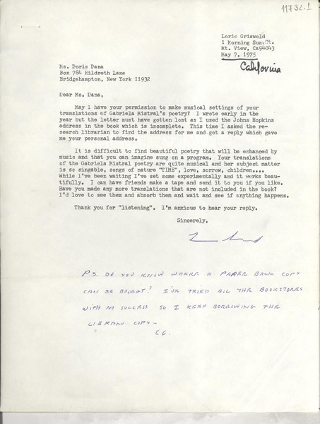 [Carta] 1975 May 7, Mt. View, Ca., [Estados Unidos] [a] Ms. Doris Dana, Box 784 Hildreth Lane, Bridgehampton, New York