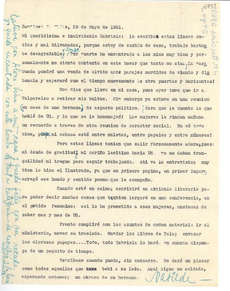 [Carta] 1951 mayo 29, Santiago de Chile [a] Gabriela Mistral