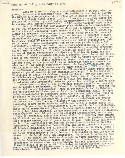 [Carta] 1951 jun. 4, Santiago de Chile [a] Gabriela Mistral
