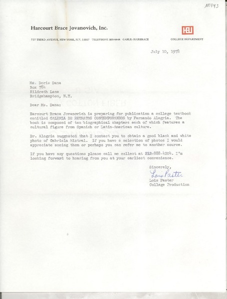 [Carta] 1978 July 10, New York, N. Y., [EE.UU.] [a] Ms. Doris Dana, Hildreth Lane, Bridgehampton, N. Y., [EE.UU.]