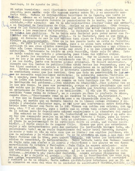 [Carta] 1951 ago. 15, Santiago, [Chile] [a] [Gabriela Mistral]