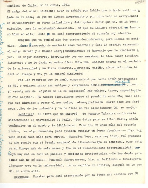 [Carta] 1951 jun. 28, Santiago de Chile [a] Gabriela Mistral