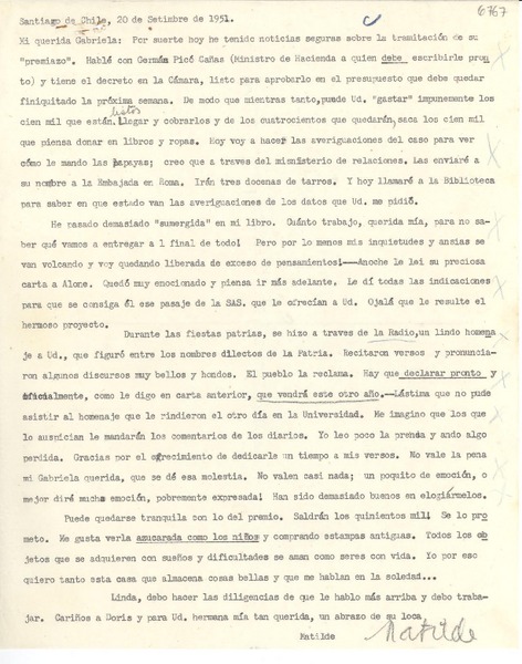 [Carta] 1951 sept. 20, Santiago, Chile [a] Gabriela [Mistral]