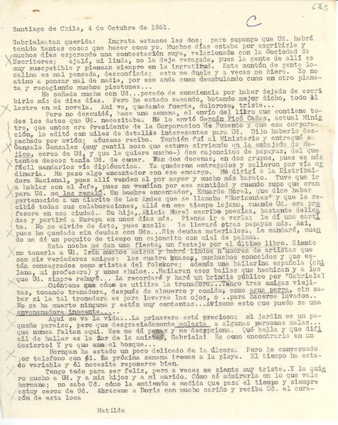[Carta] 1951 oct. 4, Santiago, Chile [a] Gabriela [Mistral]