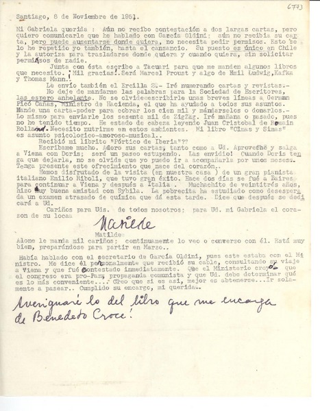 [Carta] 1951 nov. 8, Santiago, [Chile] [a] Gabriela [Mistral]