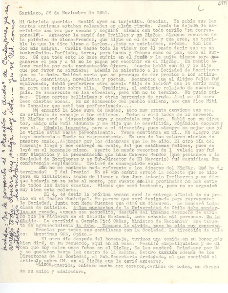 [Carta] 1951 nov. 28, Santiago, [Chile] [a] Gabriela [Mistral]