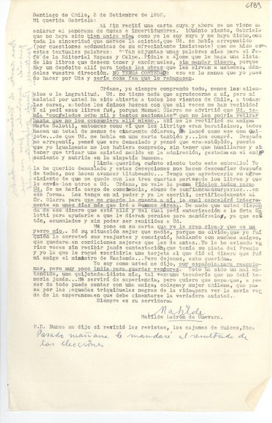 [Carta] 1952 sept. 3, Santiago de Chile [a] Gabriela Mistral