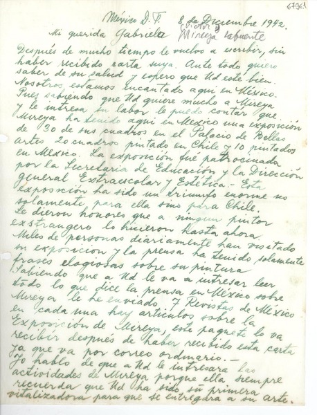 [Carta] 1942 dic. 8, México D. F. [a] Gabriela Mistral