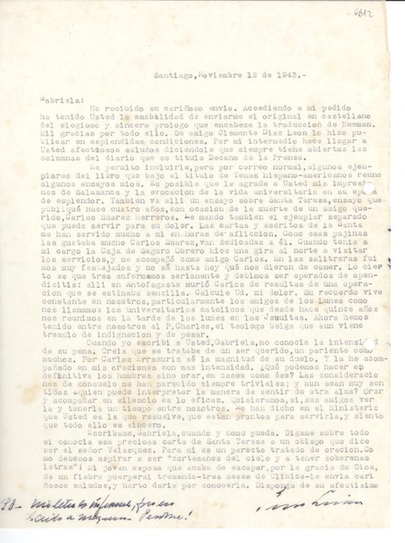 [Carta] 1943 nov. 12, Santiago, [Chile] [a] Gabriela [Mistral]