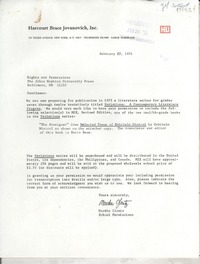 [Carta] 1974 Feb. 27, [New York, Estados Unidos] [a] Rights and Permissions, The Johns Hopkins University Press, Baltimore, MD.