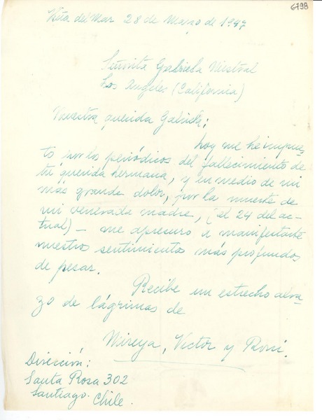 [Carta] 1947 mar. 28, Viña del Mar [a] Gabriela Mistral, Los Ángeles, California