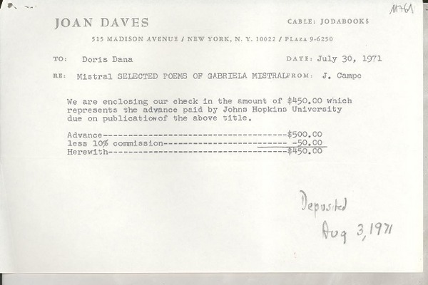 [Recibo] 1971 Jul. 30, New York, N. Y., [EE.UU.] [a] Doris Dana, [EE.UU.]