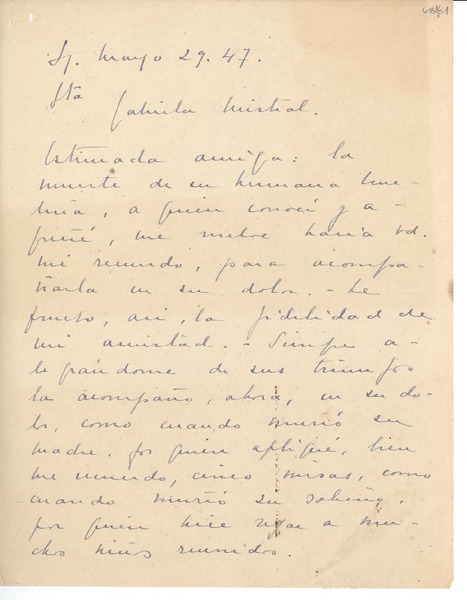 [Carta] 1947 mayo 29, [Santiago, Chile] [a] Gabriela Mistral