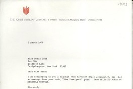 [Carta] 1974 Mar. 5, [Baltimore, Maryland, Estados Unidos] [a] Miss Doris Dana, Box 784 Hildreth Lane, Bridgehampton, New York