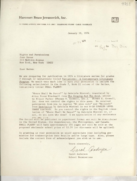 [Carta] 1974 Jan. 10, [New York, Estados Unidos] [a] Rights and Permissions, Joan Daves, 515 Madison Avenue, New York