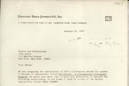 [Carta] 1974 Jan. 10, [New York, Estados Unidos] [a] Rights and Permissions, Joan Daves, 515 Madison Avenue, New York