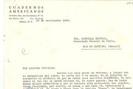 [Carta] 1944 sept. 14, México, D.F. [a] Gabriela Mistral, Rio de Janeiro, [Brasil]