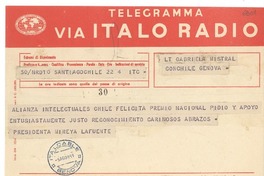 [Telegrama] 1951 ago. 5, Santiago, Chile [a] Gabriela Mistral, Genova