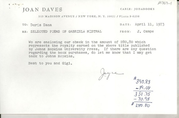 [Recibo] 1973 Apr. 11, New York, N. Y., [EE.UU.] [a] Doris Dana, [EE.UU.]