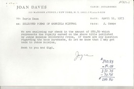[Recibo] 1973 Apr. 11, New York, N. Y., [EE.UU.] [a] Doris Dana, [EE.UU.]