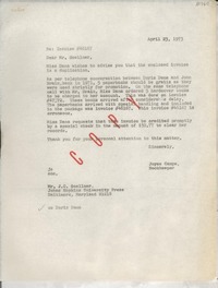 [Carta] 1973 Apr. 23, [EE.UU.] [a] Mr. J. C. [i.e. G.] Goellner, Johns Hopkins Press, Baltimore, Maryland, [EE.UU.]