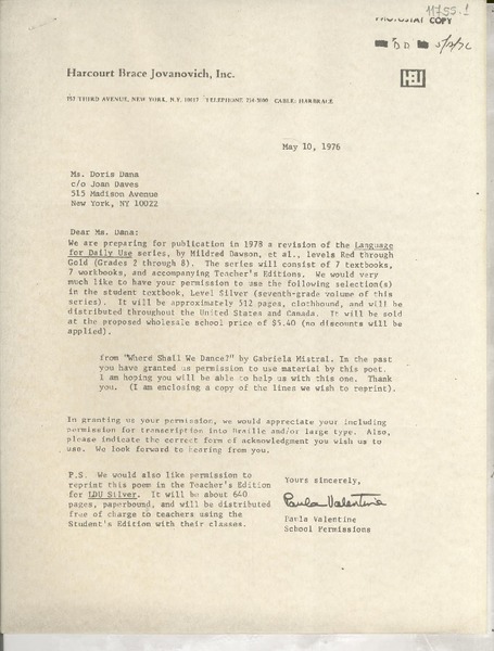[Carta] 1976 May 10, [New York, Estados Unidos] [a] Ms. Doris Dana, New York
