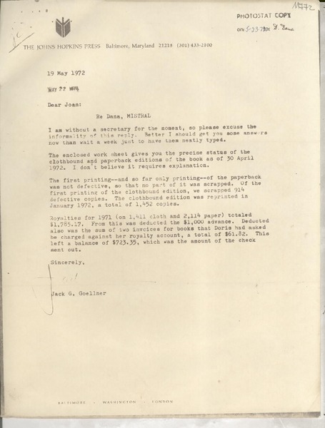[Carta] 1972 May 19, Baltimore, Maryland, [EE.UU.] [a] Dear Joan [Daves], [EE.UU.]