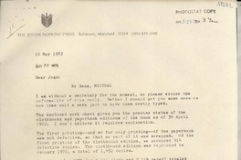 [Carta] 1972 May 19, Baltimore, Maryland, [EE.UU.] [a] Dear Joan [Daves], [EE.UU.]