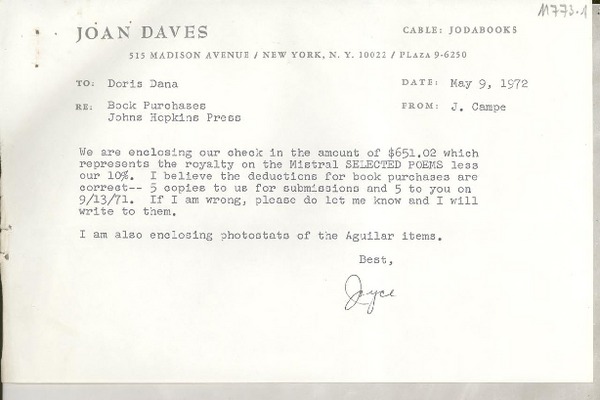[Recibo] 1972 May 9, New York, N. Y., [EE.UU.] [a] Doris Dana, [EE.UU.]