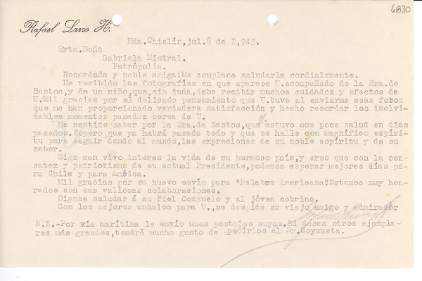 [Carta] 1943 jul. 8, Hacienda Chiclín, [Perú] [a] Gabriela Mistral, Petrópolis, [Brasil]