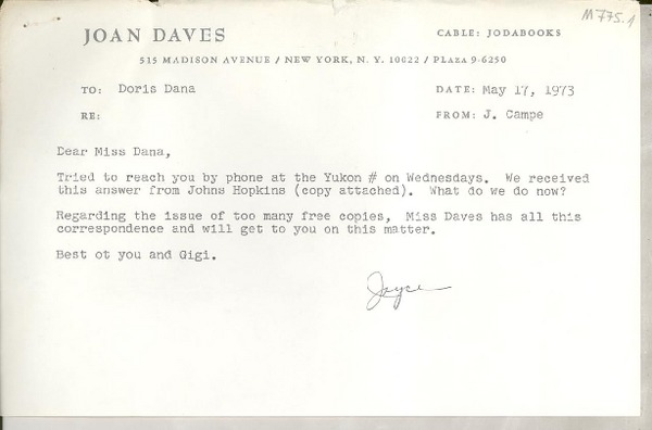 [Recibo] 1973 May 17, New York, N. Y., [EE.UU.] [a] Doris Dana, [EE.UU.]