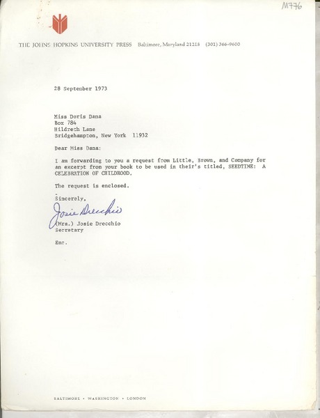 [Carta] 1973 Sept. 28, Baltimore, Maryland, [EE.UU.] [a] Miss Doris Dana, Hildreth Lane, Bridgehampton, New York, [EE.UU.]