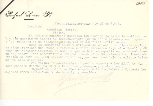 [Carta] 1948 nov. 26, Hda. Chiclín, Trujillo, [Perú] [a] Gabriela Mistral, Mérida, [México]