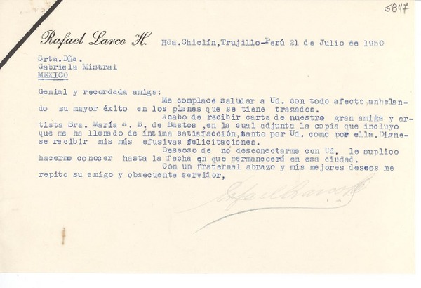 [Carta] 1950 jul. 21, Hda Chiclín, Trujillo, Perú [a] Gabriela Mistral, México