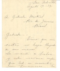 [Carta] 1937 ago. 17, San Salvador, [El Salvador] [a] Gabriela Mistral, Rio de Janeiro, Brasil