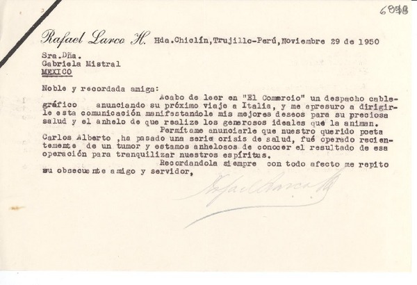 [Carta] 1950 nov. 29, Hda Chiclín, Trujillo, Perú [a] Gabriela Mistral, México