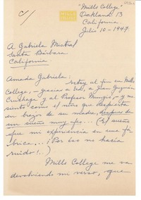 [Carta] 1947 jul. 10, California, [EE.UU.] [a] Gabriela Mistral, Santa Barbara, California, [EE.UU.]