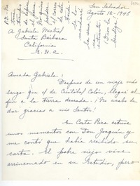 [Carta] 1948 ago. 12, San Salvador, [El Salvador] [a] Gabriela Mistral