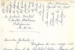 [Carta] 1948 ago. 12, San Salvador, [El Salvador] [a] Gabriela Mistral