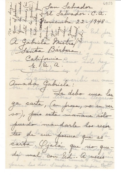 [Carta] 1948 nov. 22, San Salvador, [El Salvador] [a] Gabriela Mistral, Santa Barbara, California, [EE.UU.]