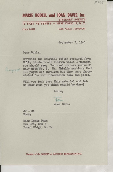 [Carta] 1961 Sept. 7, New York, N. Y., [EE.UU.] [a] Miss Doris Dana, Pound Ridge, N. Y., [EE.UU.]