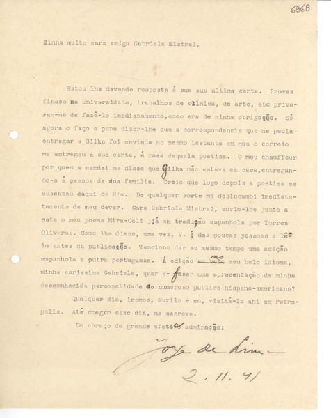 [Carta] 1941 nov. 2, [Brasil] [a] Gabriela Mistral