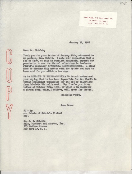 [Carta] 1962 Jan. 12, New York, N. Y., [EE.UU.] [a] Mr. A. K. Shields, Holt, Rinehart and Winston, Inc., New York, [EE.UU.]