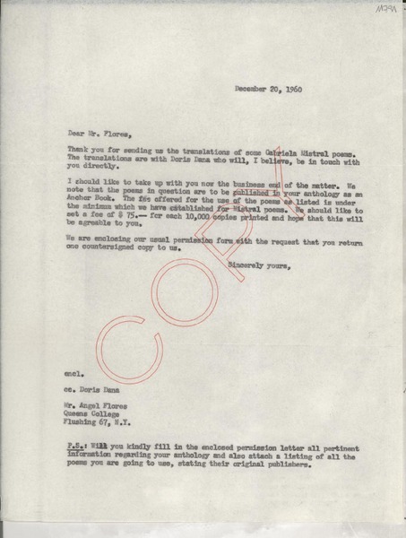 [Carta] 1960 Dec. 20, [EE.UU.] [a] Mr. Angel Flores, Queens College, N. Y., [EE.UU.]