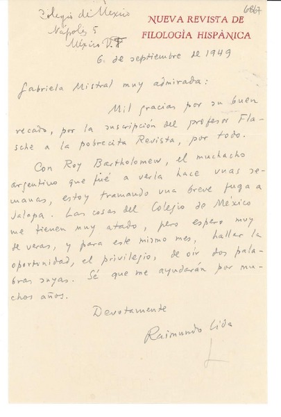 [Carta] 1949 sept. 6, México D.F. [a] Gabriela Mistral
