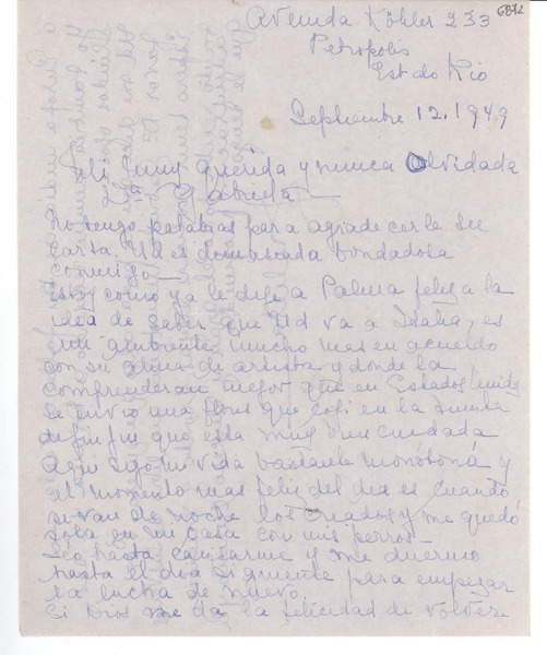 [Carta] 1949 sept. 12, Petrópolis [a] Gabriela Mistral