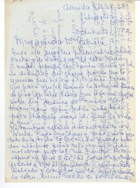 [Carta] 1952 oct. 12, Petrópolis, [Brasil] [a] Gabriela [Mistral]