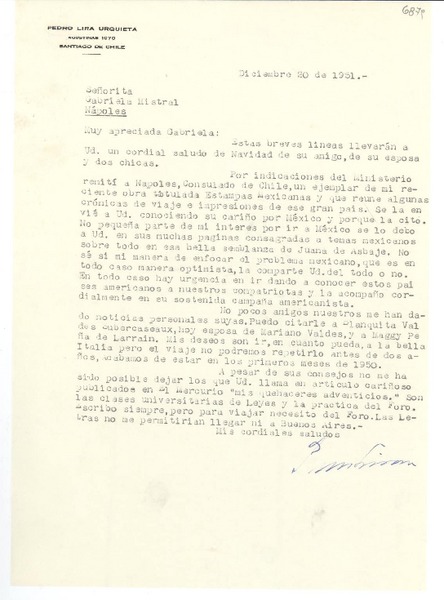 [Carta] 1951 dic. 20, Santiago, Chile [a] Gabriela Mistral, Nápoles, [Italia]