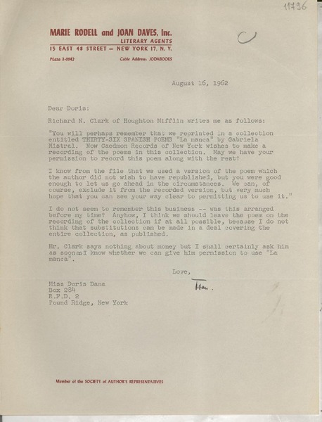 [Carta] 1962 Aug. 16, [New York, Estados Unidos] [a] Miss Doris Dana, Box 284, Pound Ridge, New York