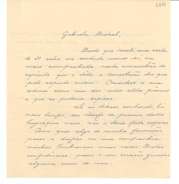 [Carta] 1941 ene. 18, Belo Horizonte, [Brasil] [a] Gabriela Mistral